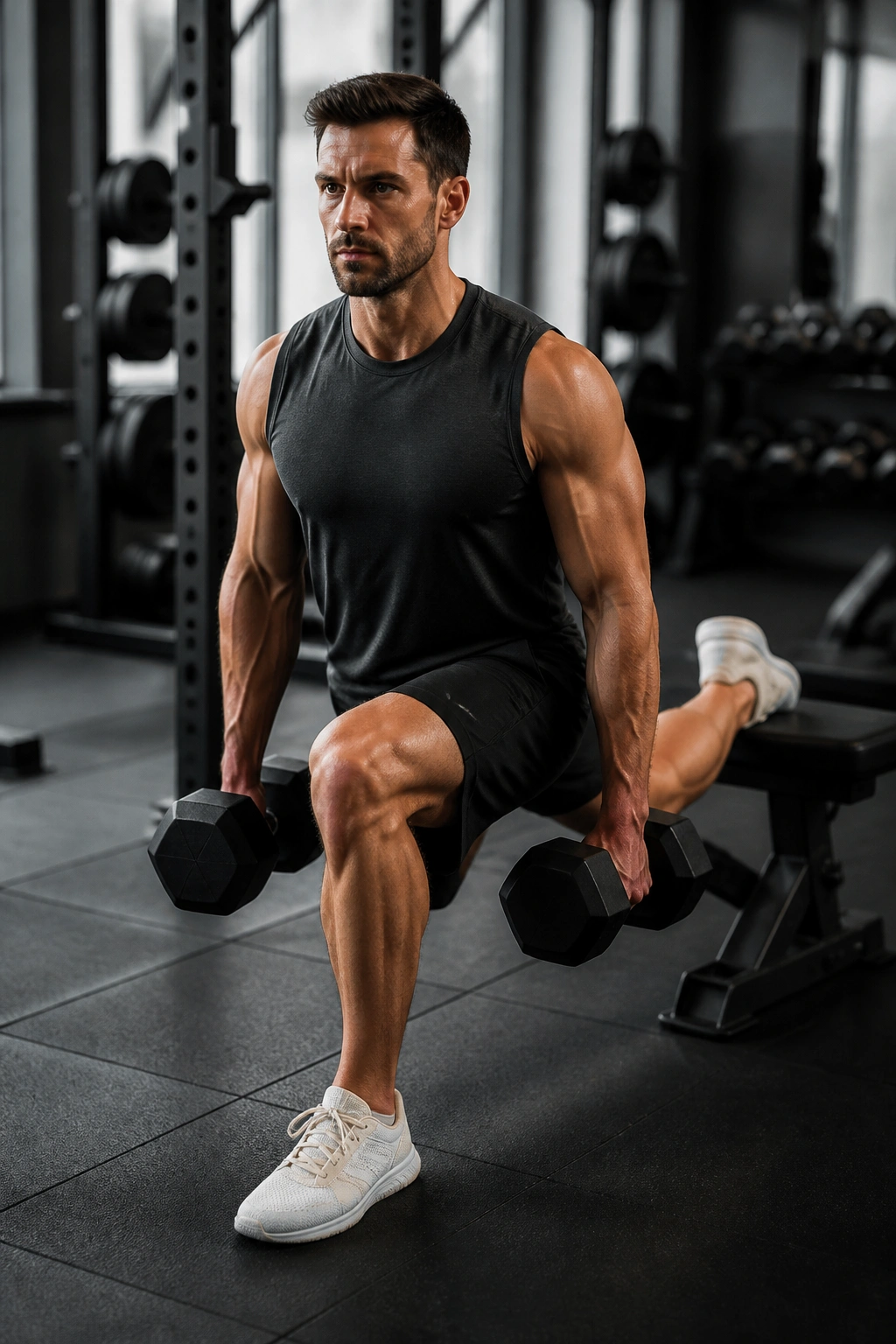 Real person performing Bulgarian split squat with rear foot elevated on a bench.