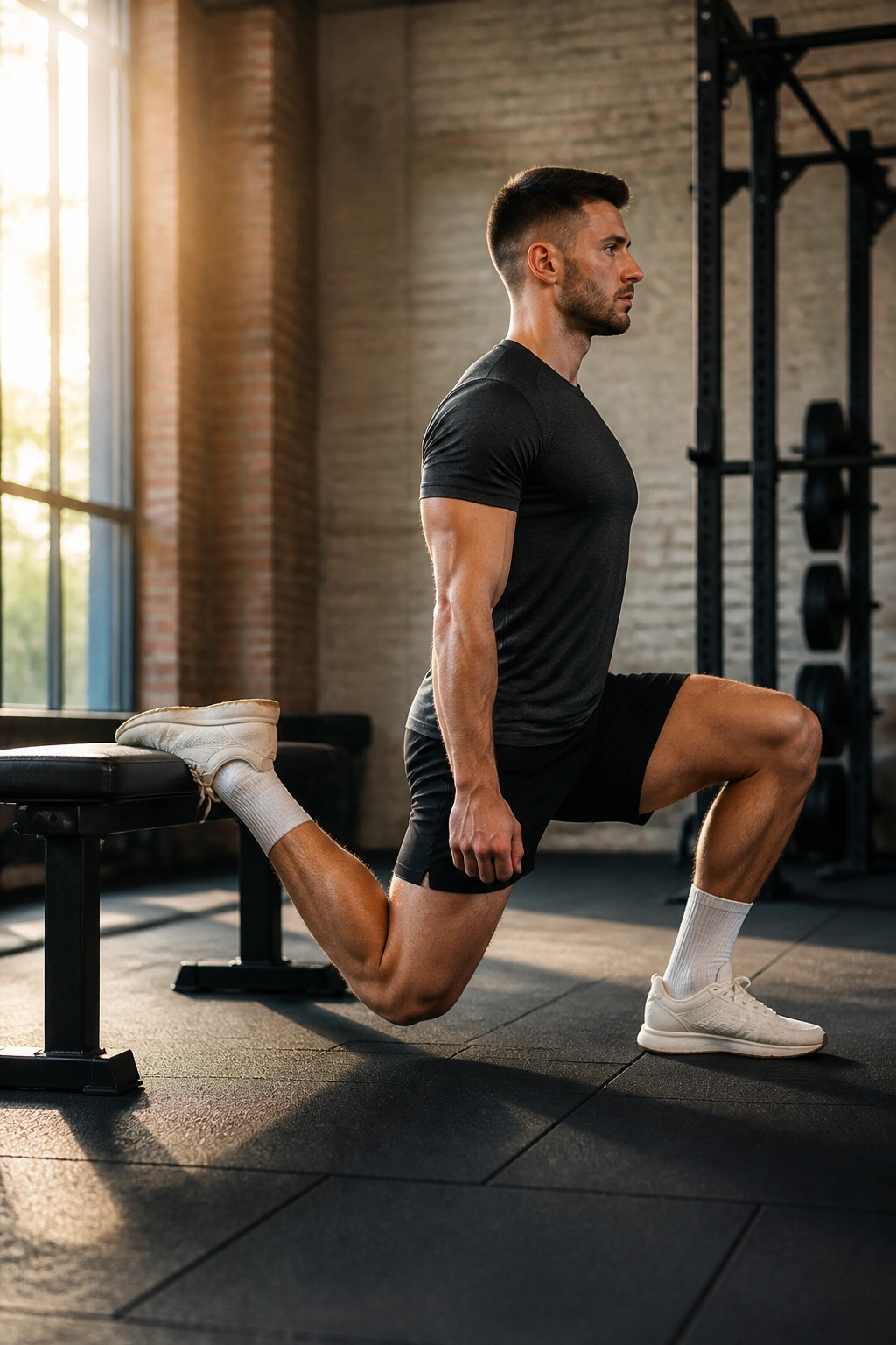 Side-profile Bulgarian split squat with rear foot on bench