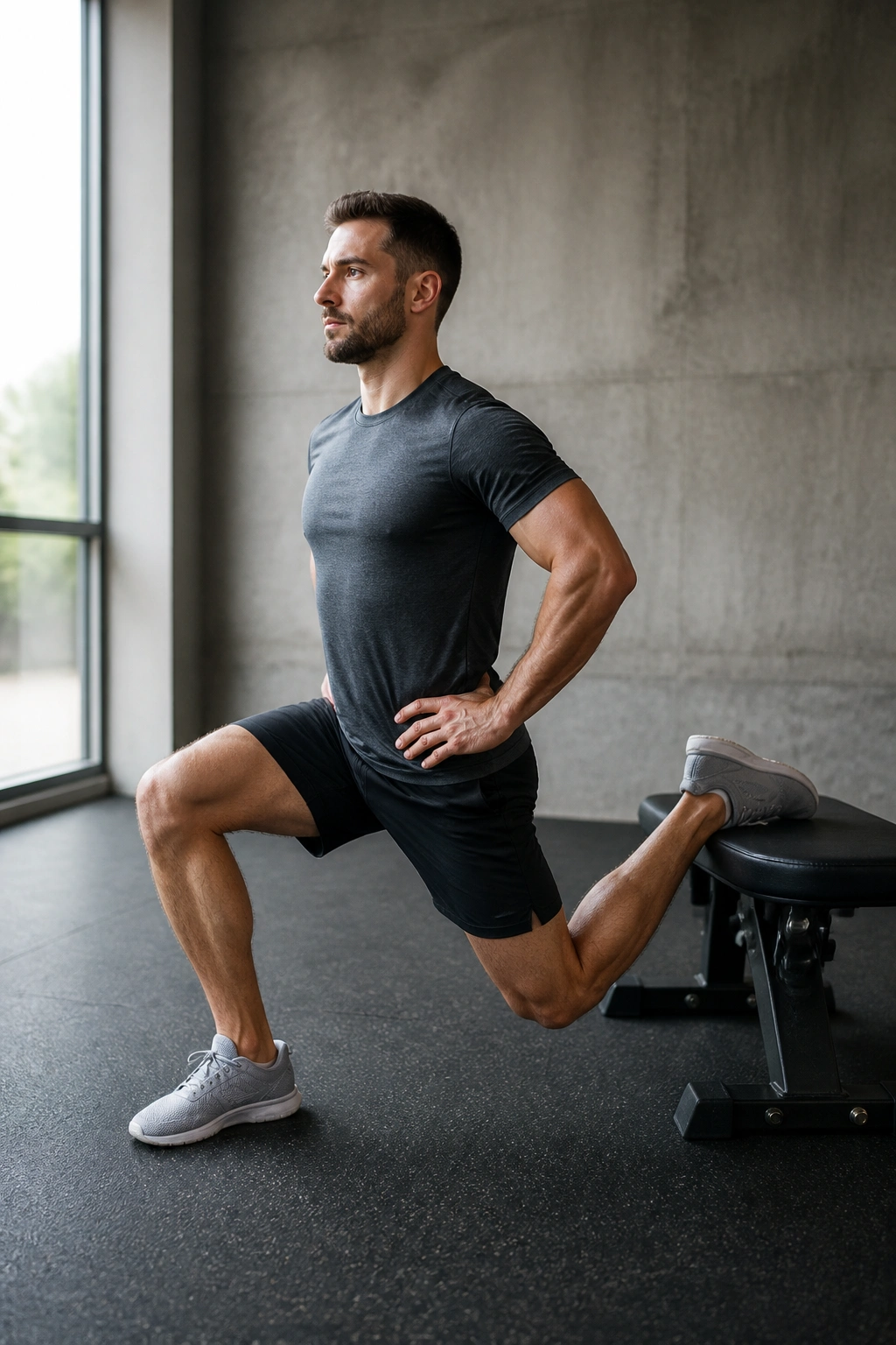 Athlete performing Bulgarian split squat with rear leg on bench in gym