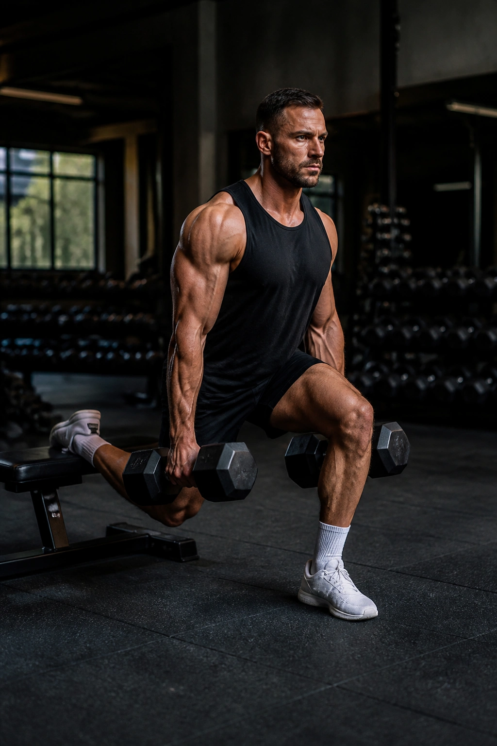 Advanced lifter doing Bulgarian split squats with heavy dumbbells