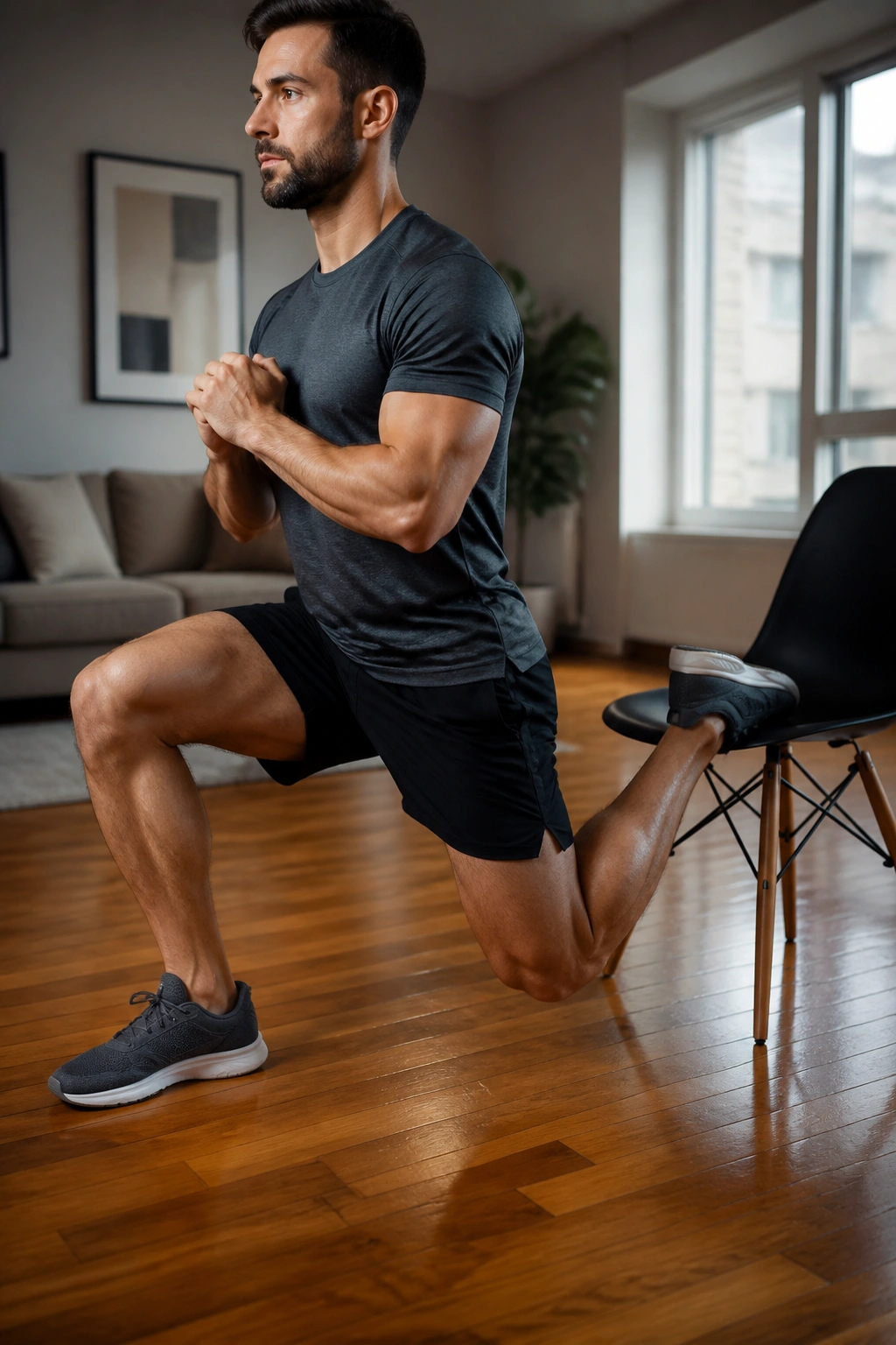 Close-up of a person performing Bulgarian split squat in a home setting