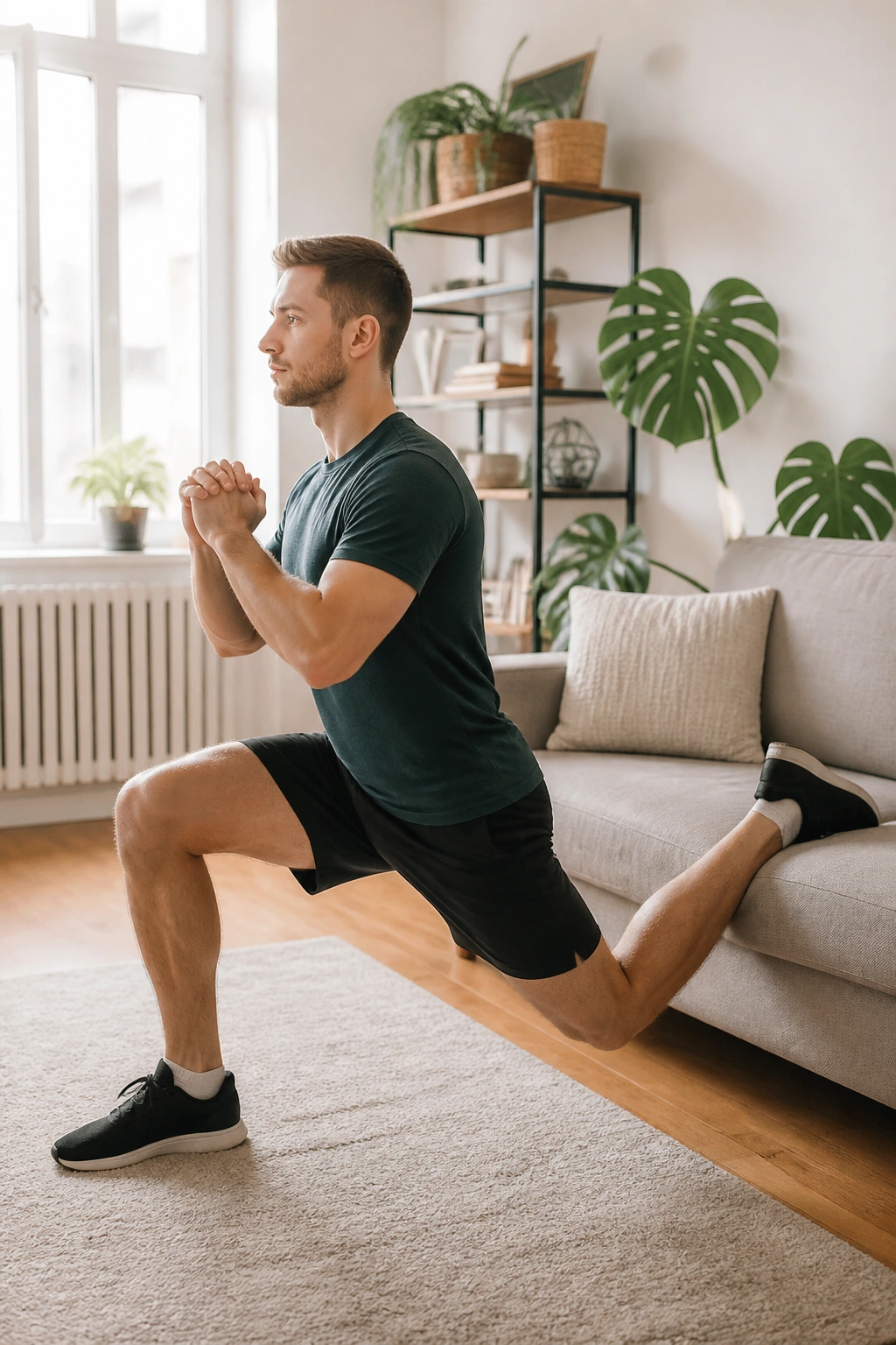 Real person performing Bulgarian split squat using a couch at home