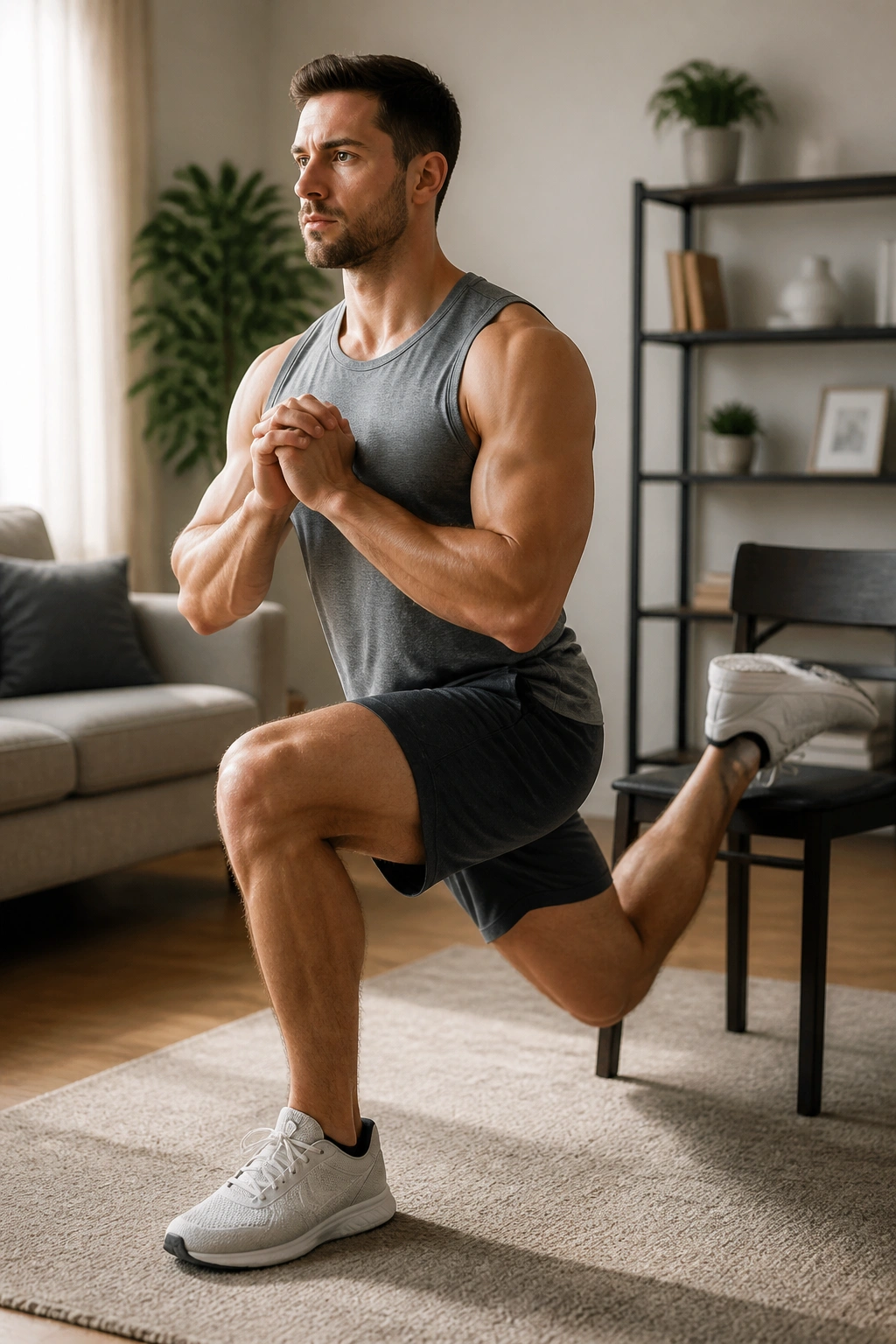Real person performing Bulgarian split squat with back foot on chair at home