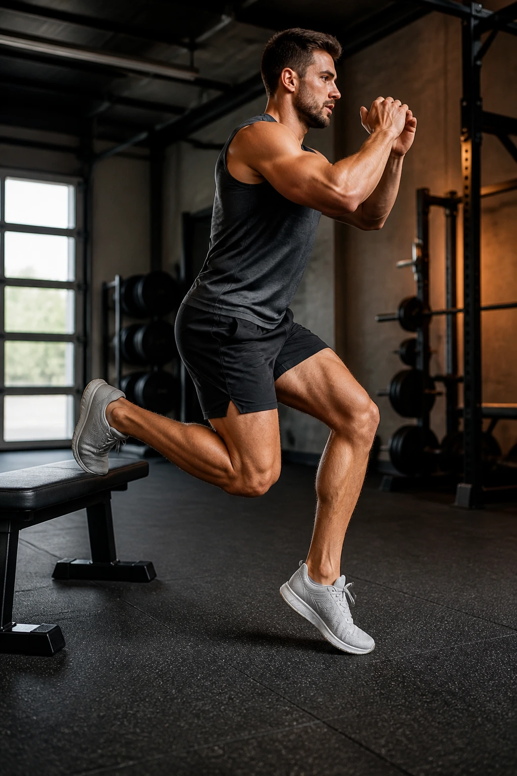 Athlete performing Bulgarian split squat jump with elevated rear foot.