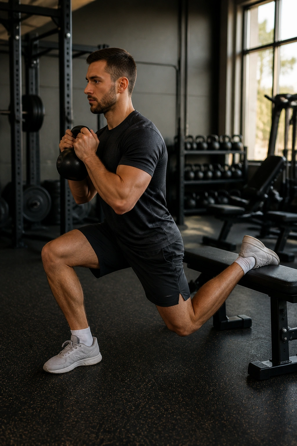Bulgarian split squat with kettlebell goblet hold on gym bench.
