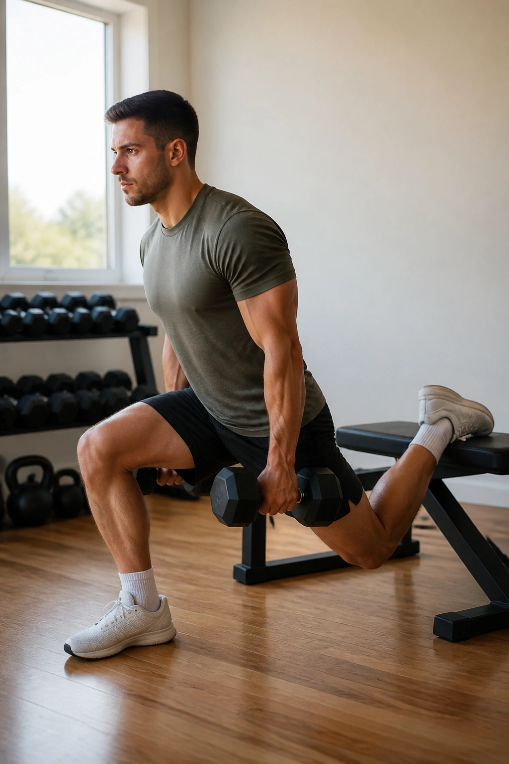 Bulgarian Split Squat in progress showing front leg bend and rear foot elevated at home.