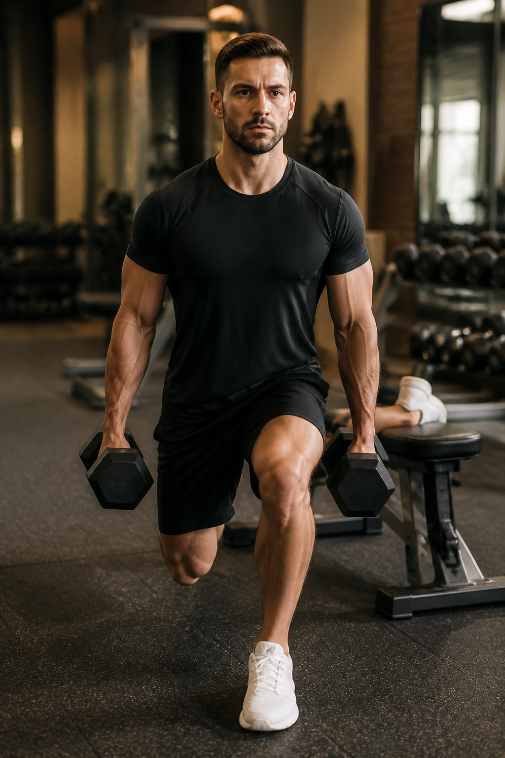 Front view of a person performing Bulgarian split squat with back foot on bench.