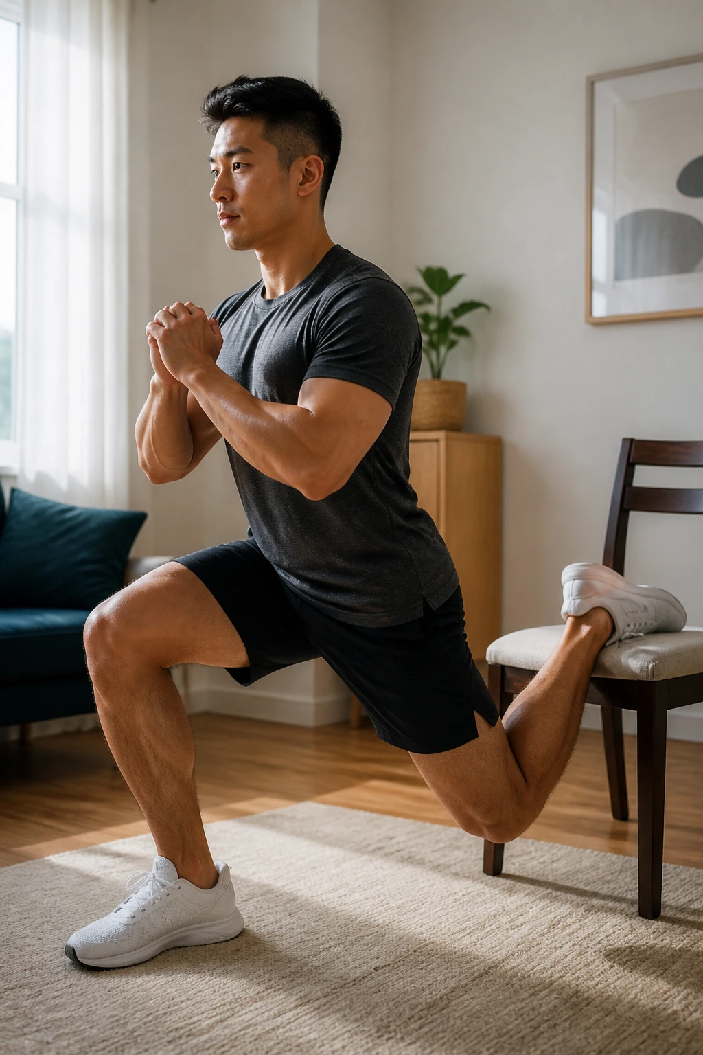 Front leg Bulgarian split squat with back leg on chair in a home setting