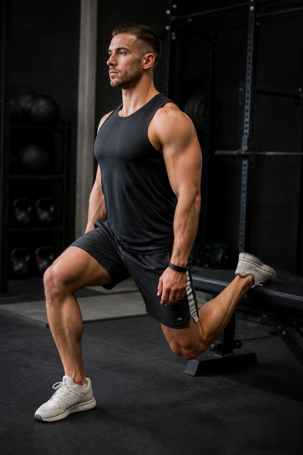 Medium-close image of Bulgarian split squat front leg bent with rear foot on bench
