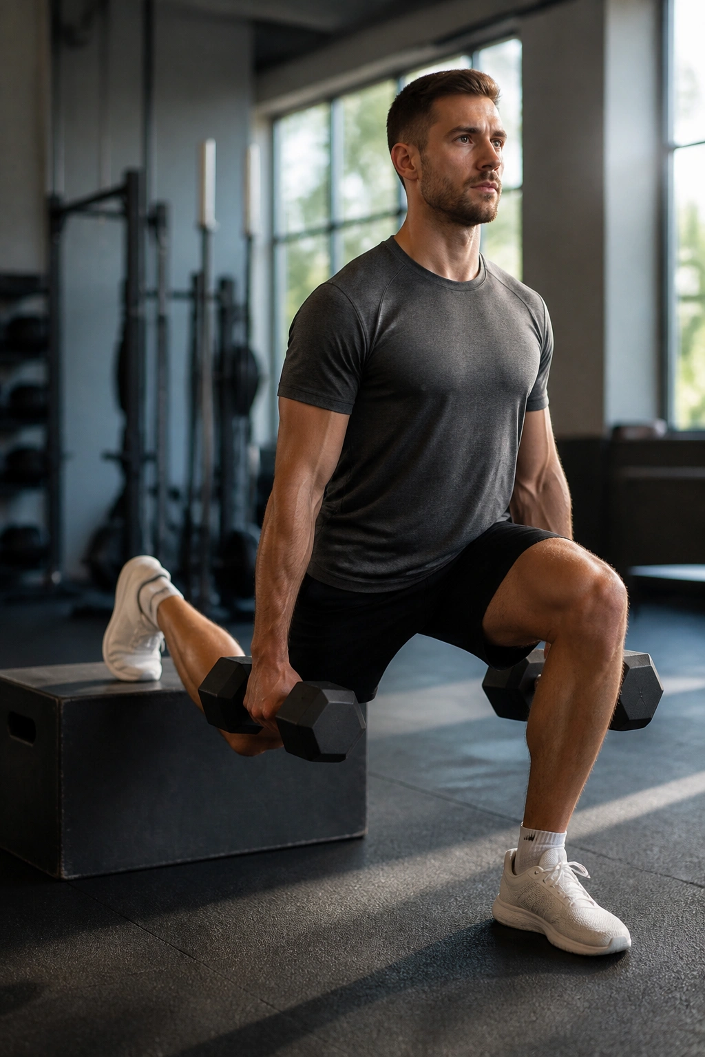 Person performing Bulgarian split squat in gym