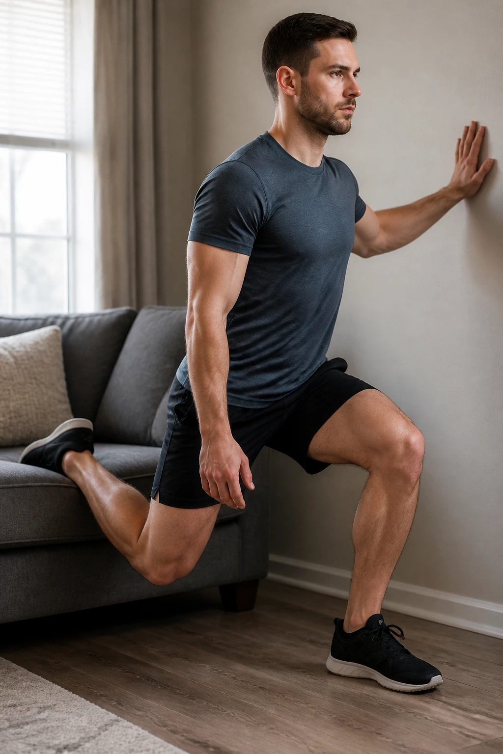 Bulgarian split squat with rear foot on couch, supported by wall for spine-friendly leg work.