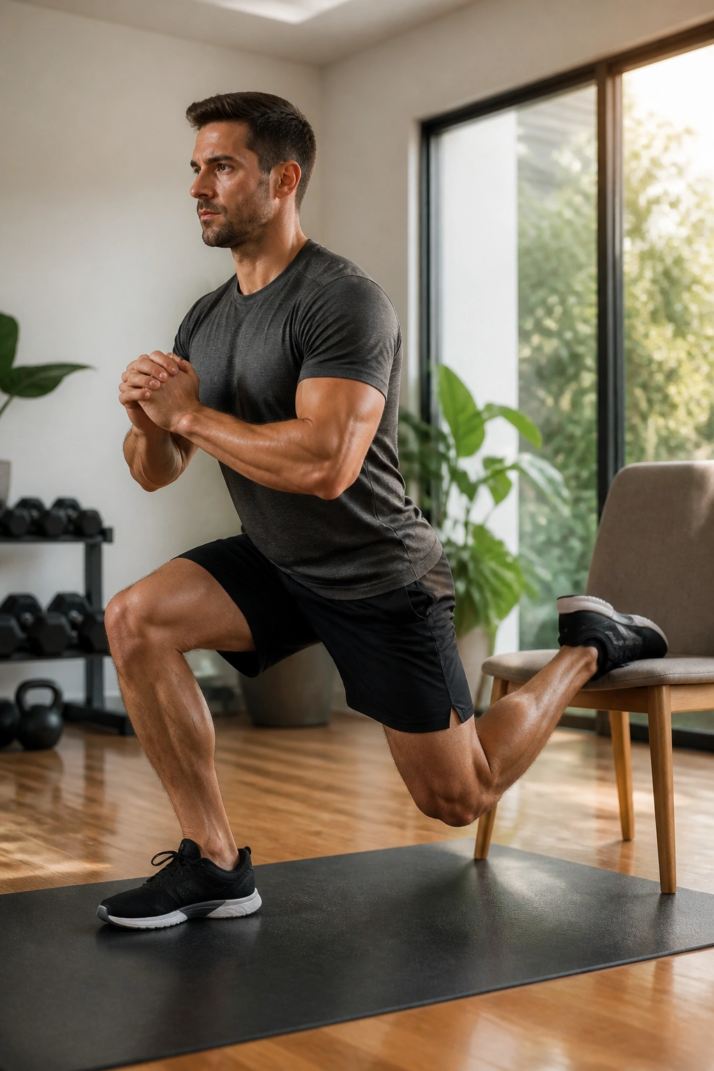 Real person performing Bulgarian split squat in a bright home gym