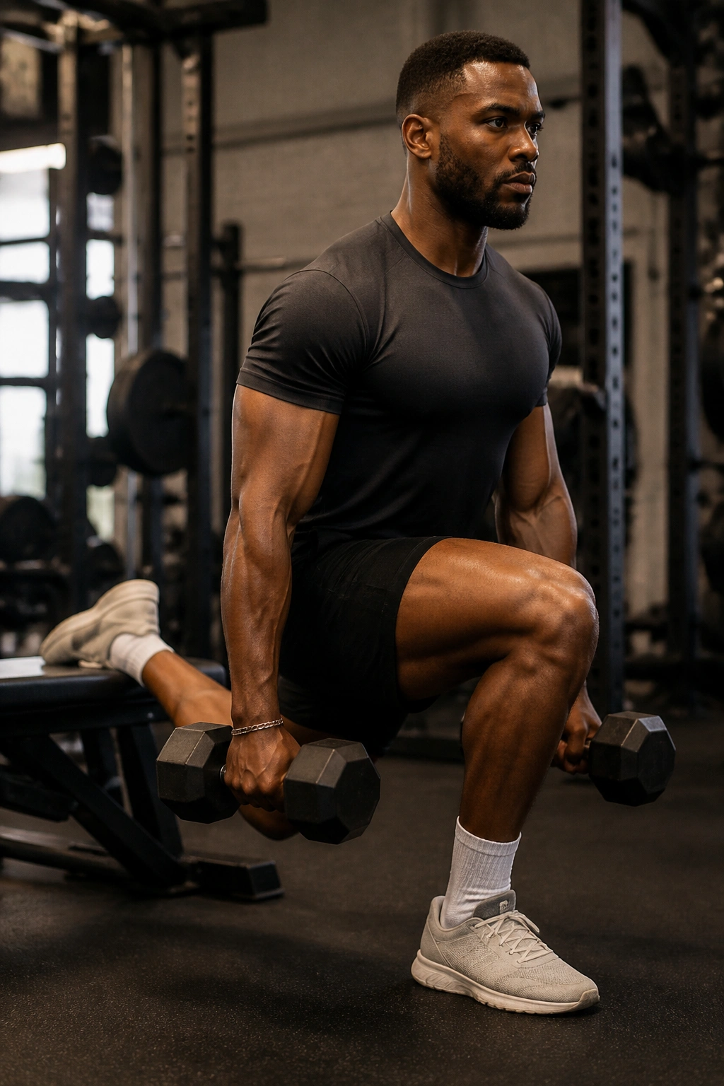 Athlete in Bulgarian split squat showing unilateral leg strength