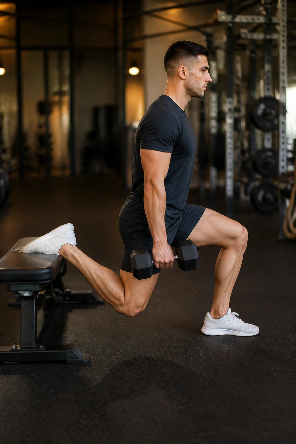 Profile of lifter performing Bulgarian split squat with rear foot elevated