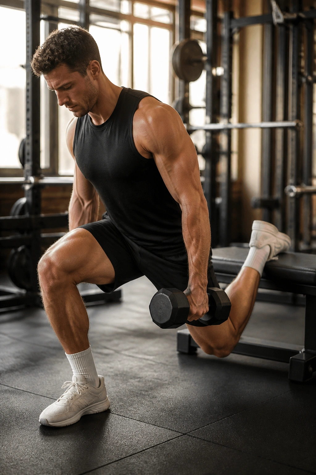 Close-up of athlete performing Bulgarian Split Squat in gym showing unilateral leg load