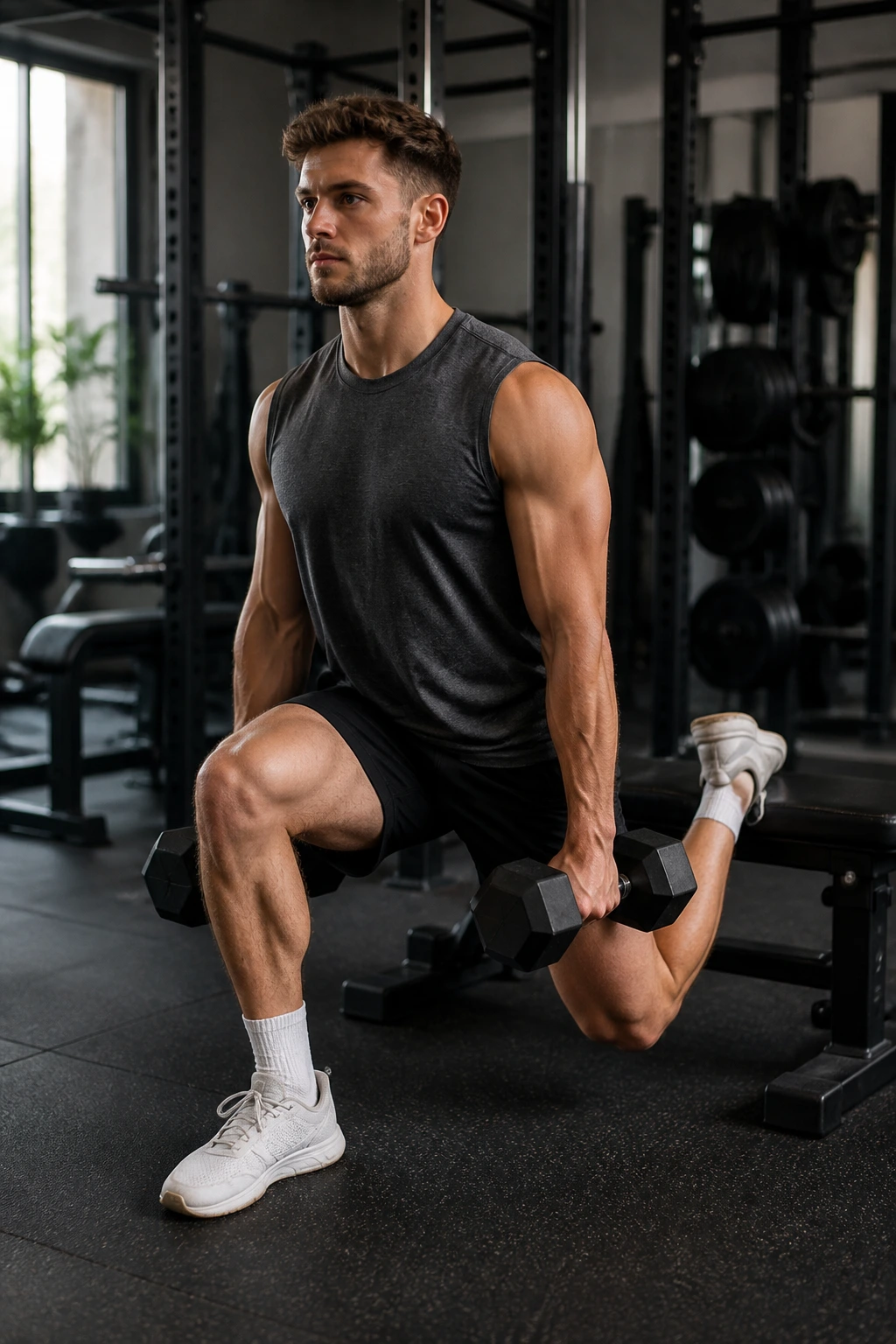 Medium close-up of athlete performing Bulgarian split squats in a gym.