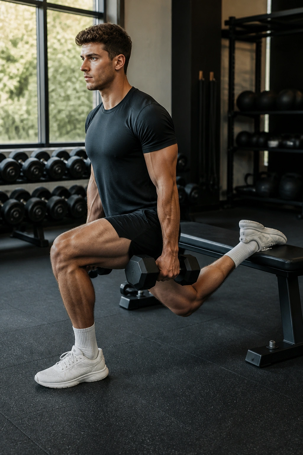 Real person performing Bulgarian split squats with back foot on bench