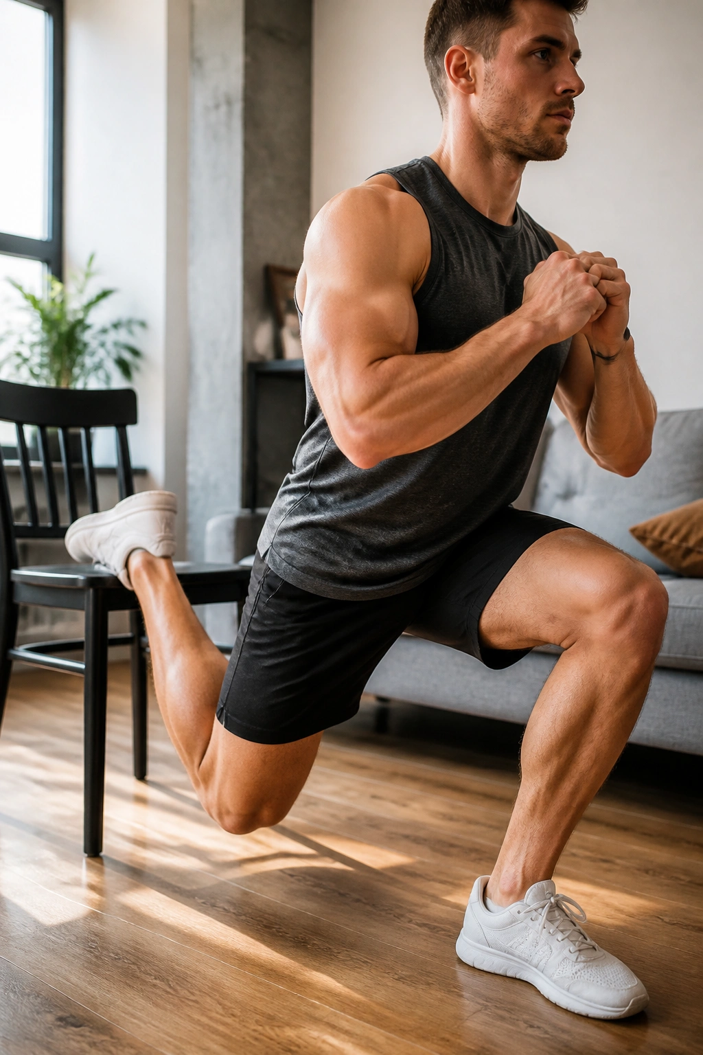 Close-up of a person performing Bulgarian split squat with a chair in a minimalist apartment