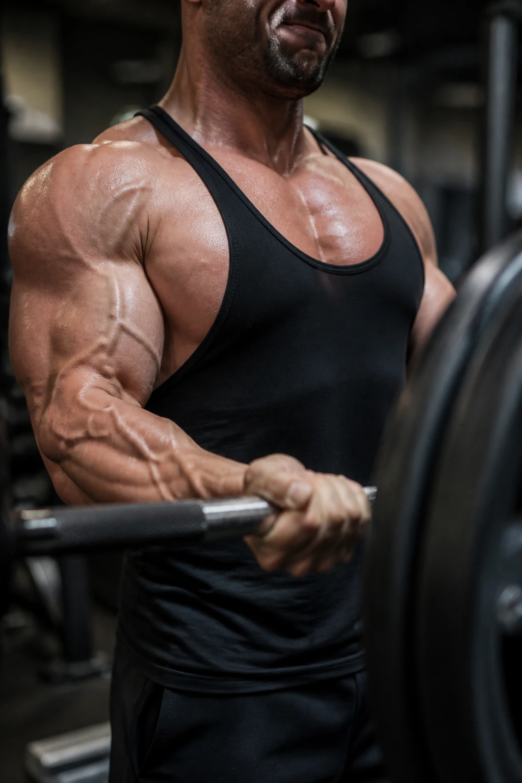Muscular lifter lifting heavy weight indoors in gym