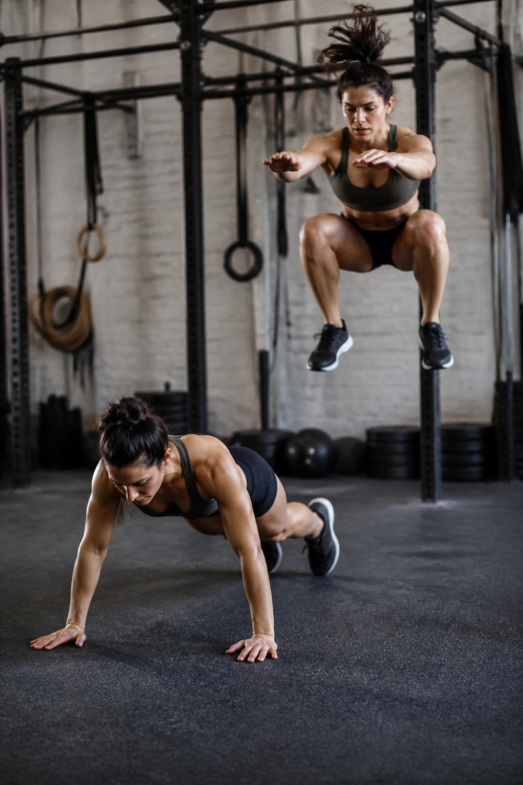 Athlete performing burpee into air squat for conditioning in gym