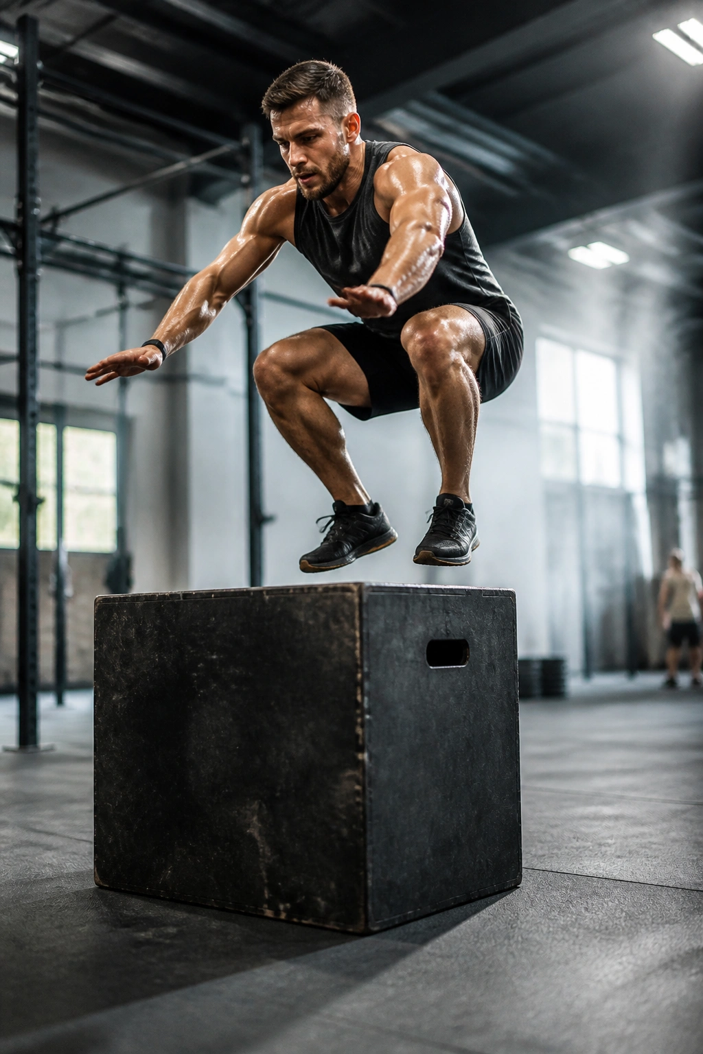 Person performing burpees onto a plyo box in gym