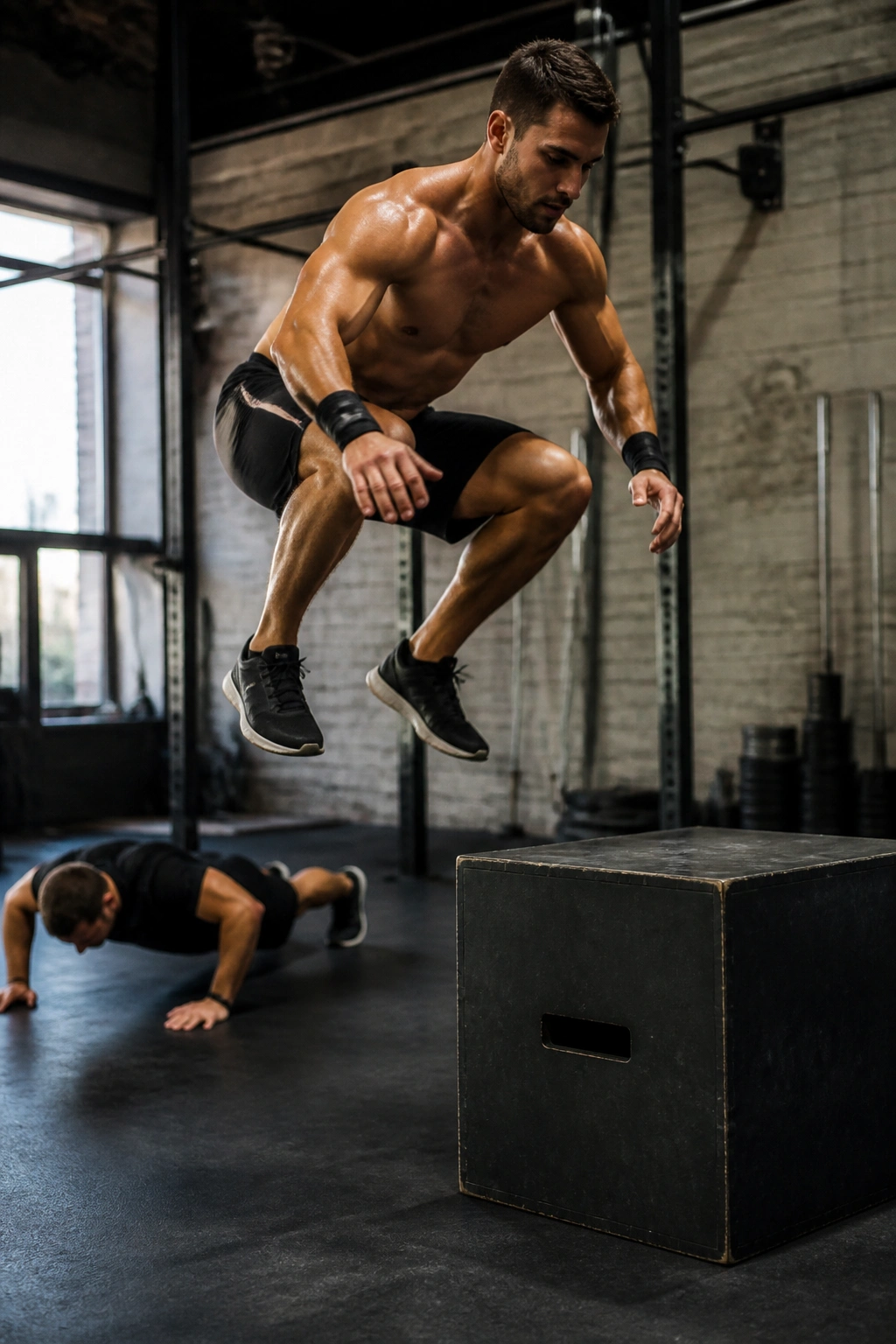 Athlete performing burpee to box jump in a gym