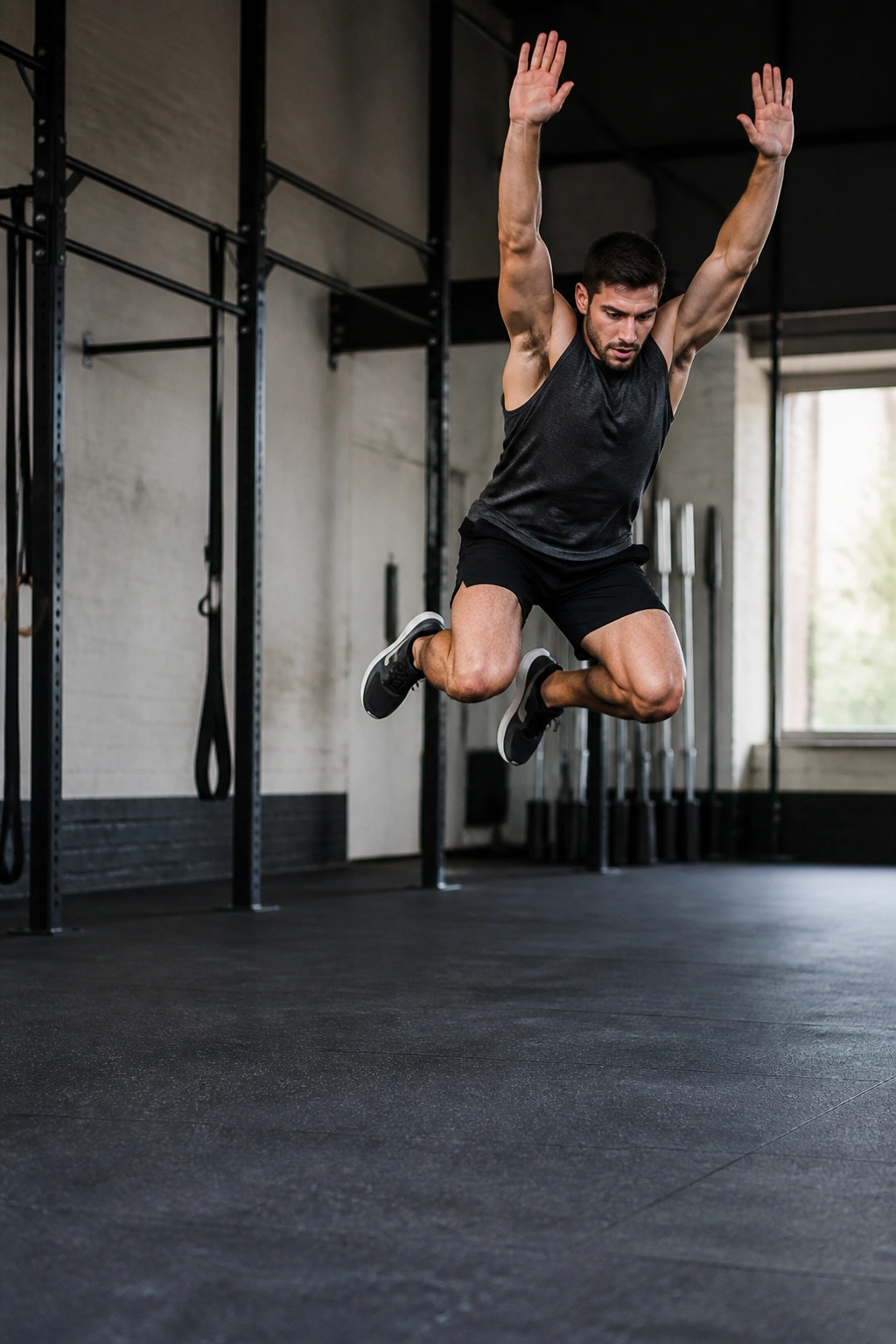 Full-body action of burpee into a broad jump in a gym