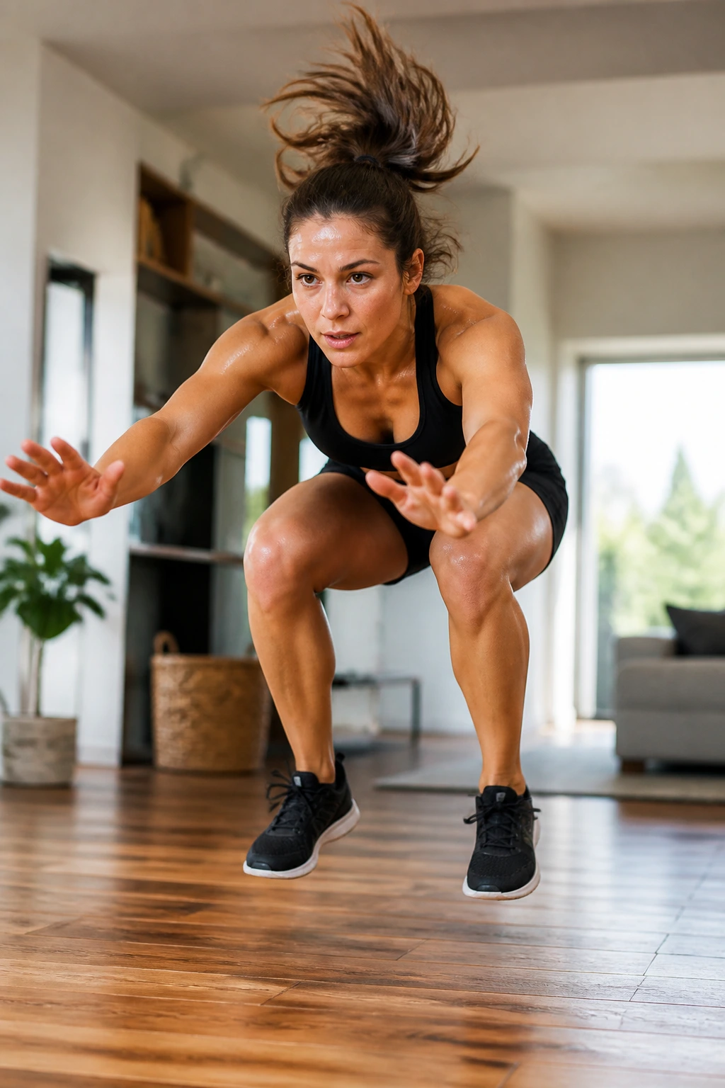 Real woman performing burpee broad jump in a home space