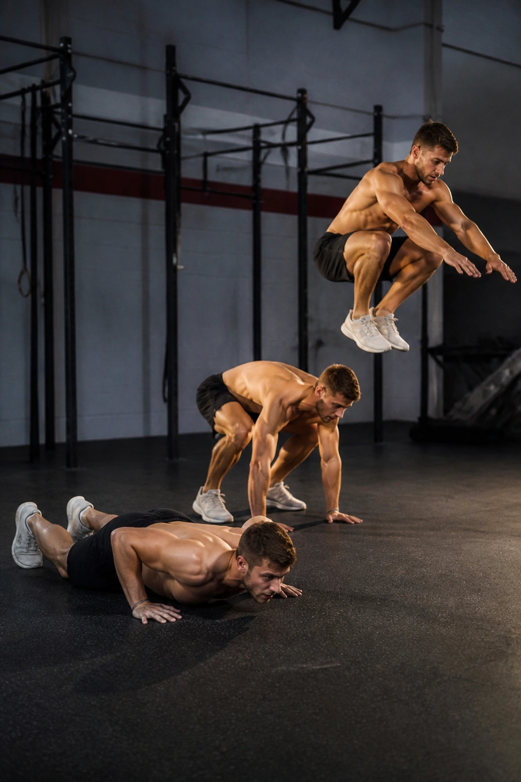 Athlete performing burpee to broad jump combo