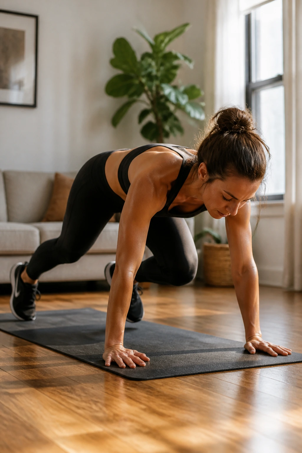 Real woman performing a burpee in a cozy living room, part of a mixed burpee circuit