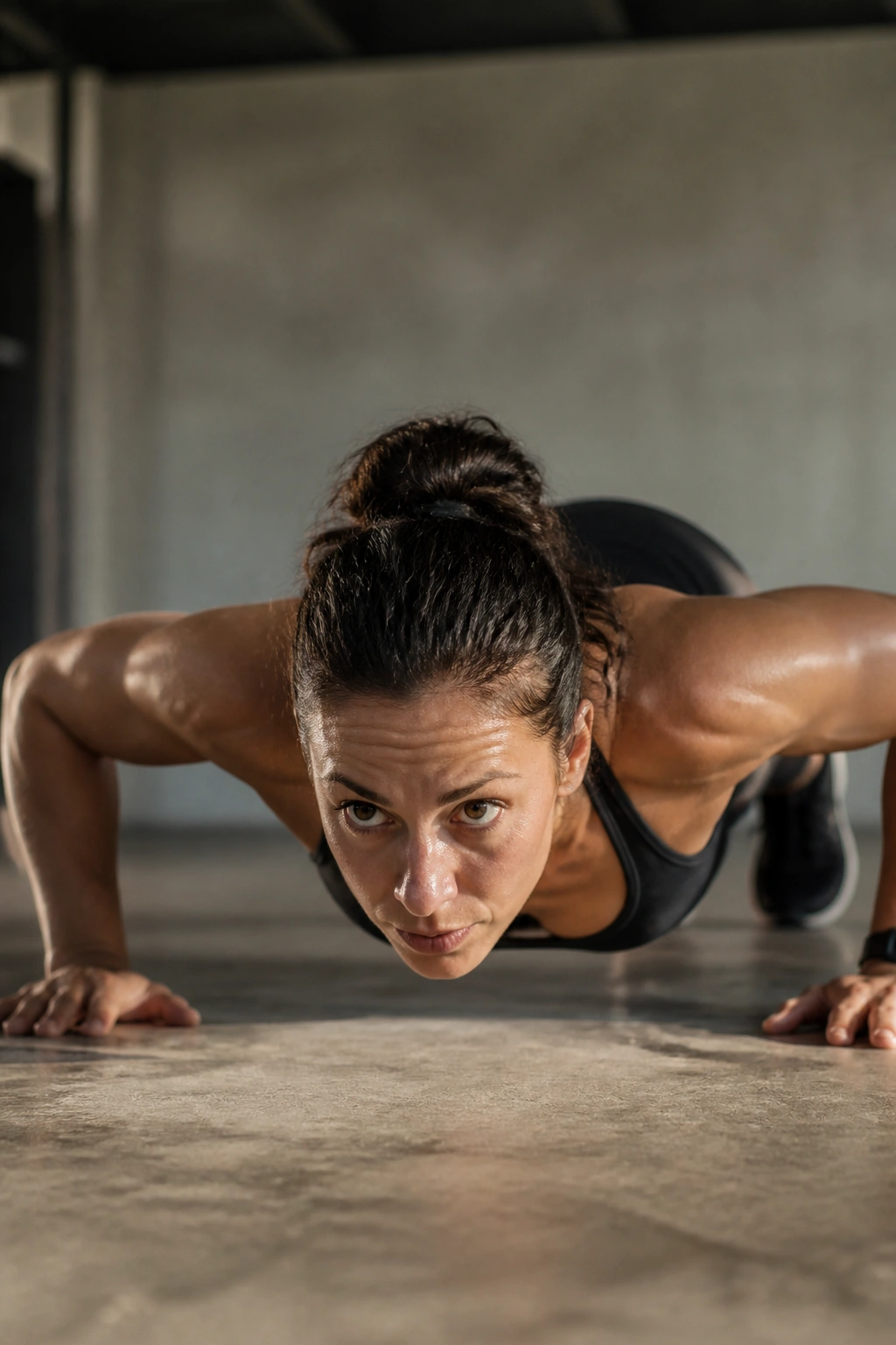 Person performing a burpee in a gym with intense expression