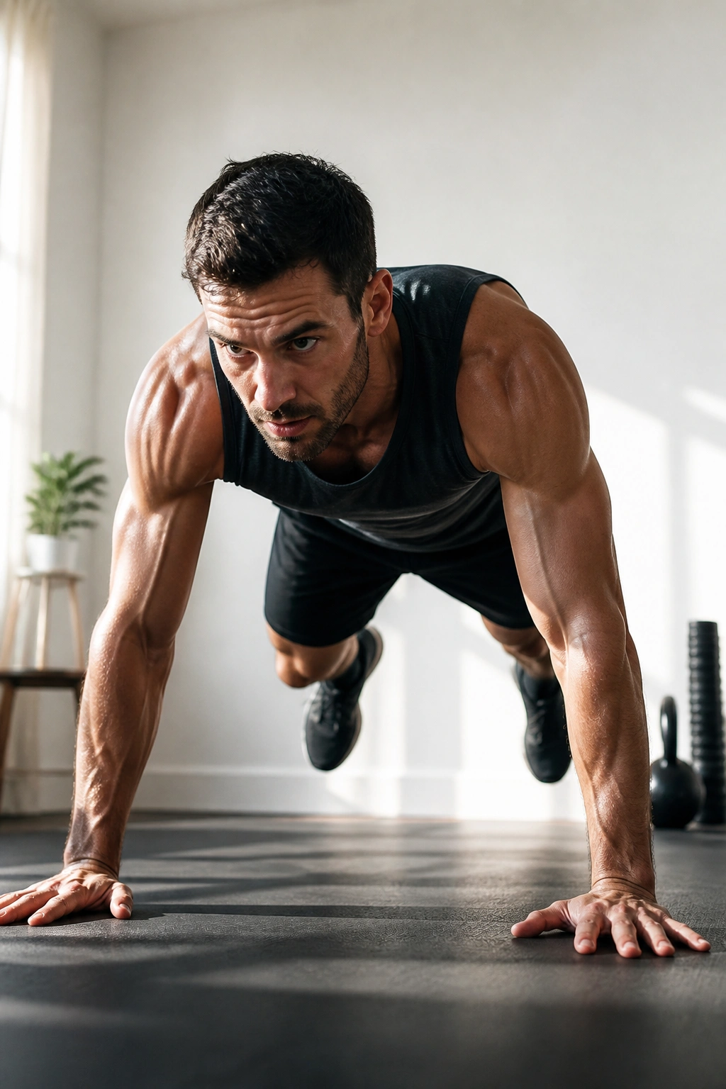 Person performing burpee during EMOM workout in bright home gym
