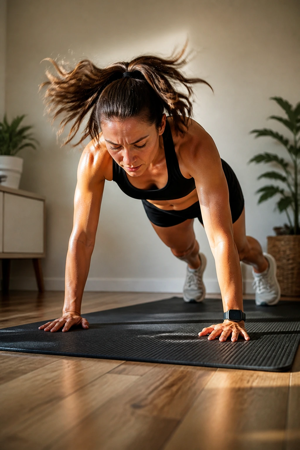 Real woman performing a burpee during a timed 20-burpee test in a home gym