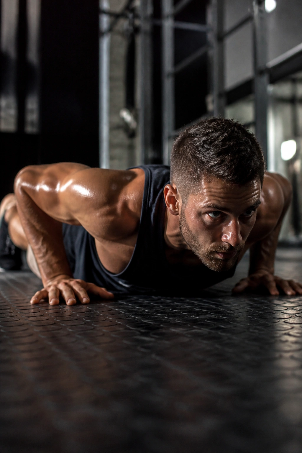 Close-up of a determined athlete performing a burpee in a gym