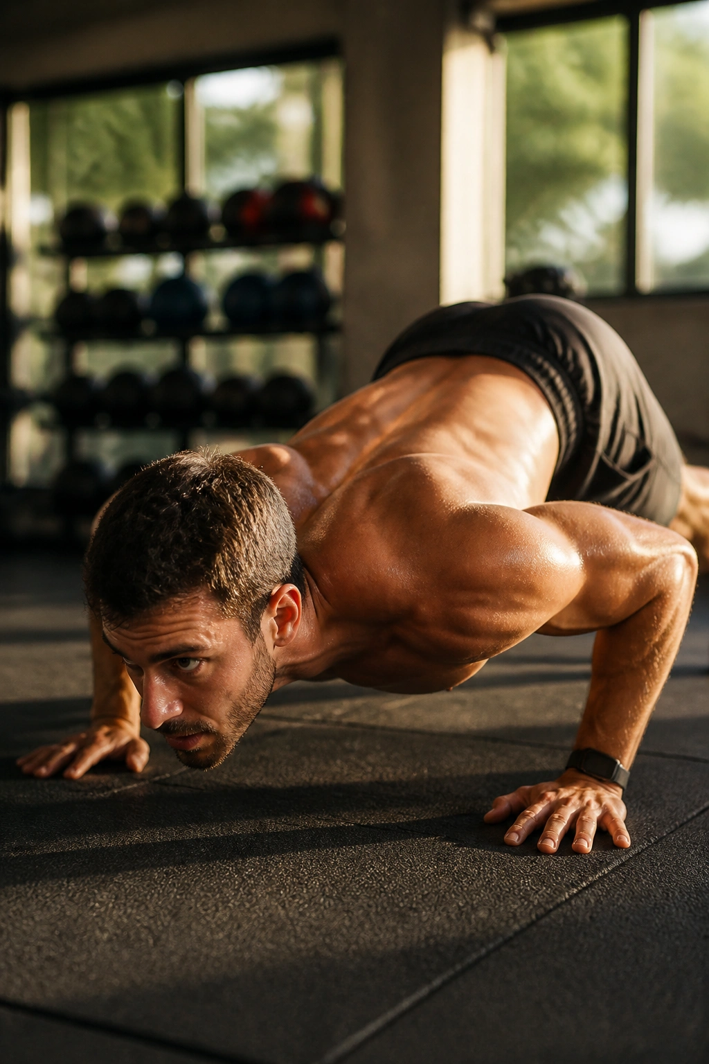 Real person performing a burpee in a gym, mid-movement, full-body exertion