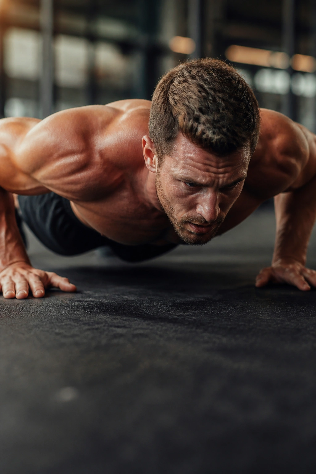 Person performing burpee in gym with chest to floor and ready to jump