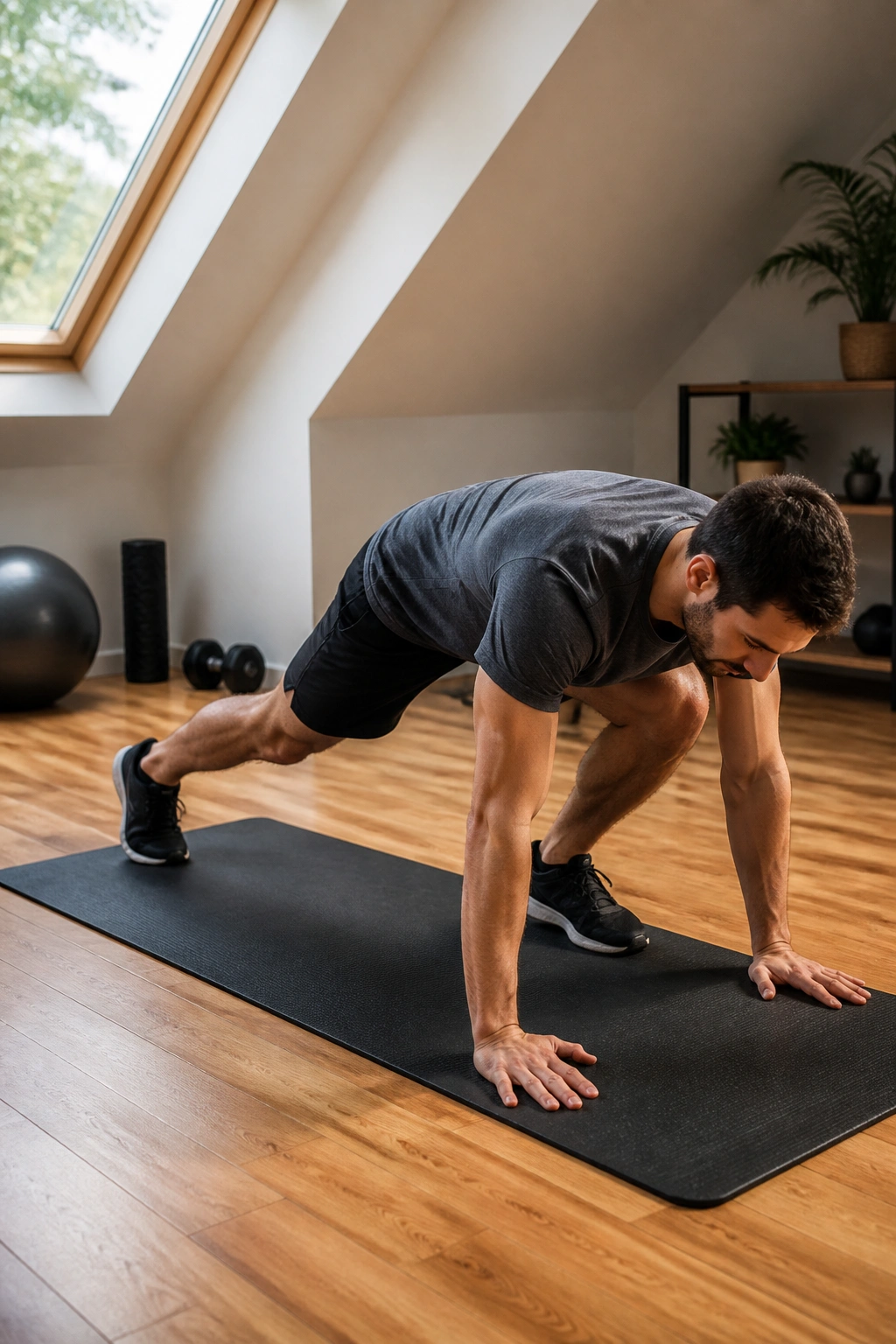 Person performing a step-back burpee indoors, mid-movement