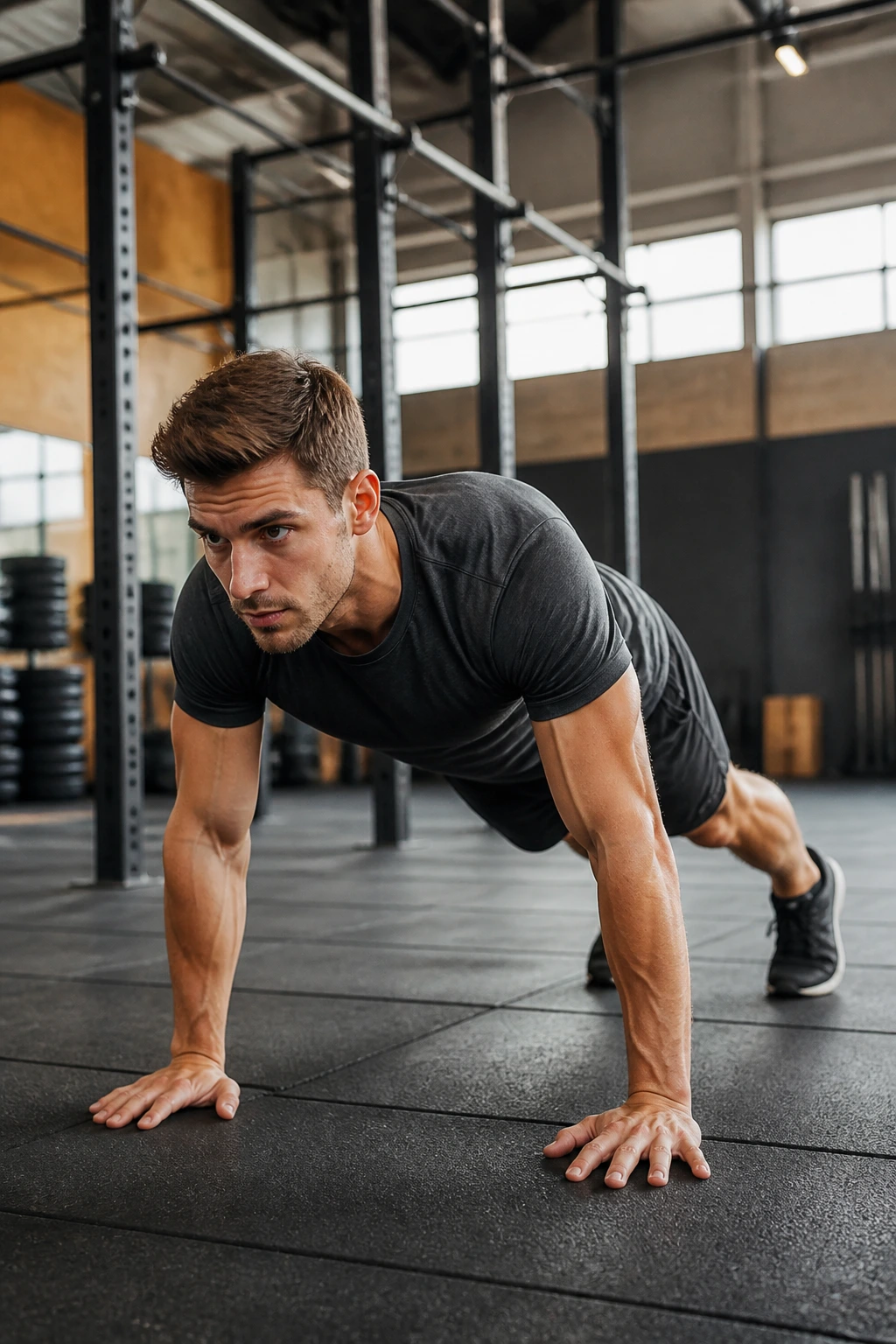 Person performing a burpee in a gym during ladder style reps