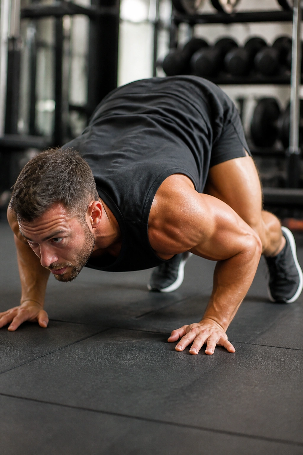 Athlete performing burpee in gym during HIIT workout