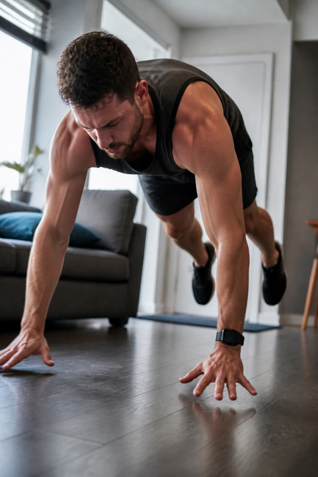 Close-up of a person performing a burpee in a small living room, emphasizing movement in tight space