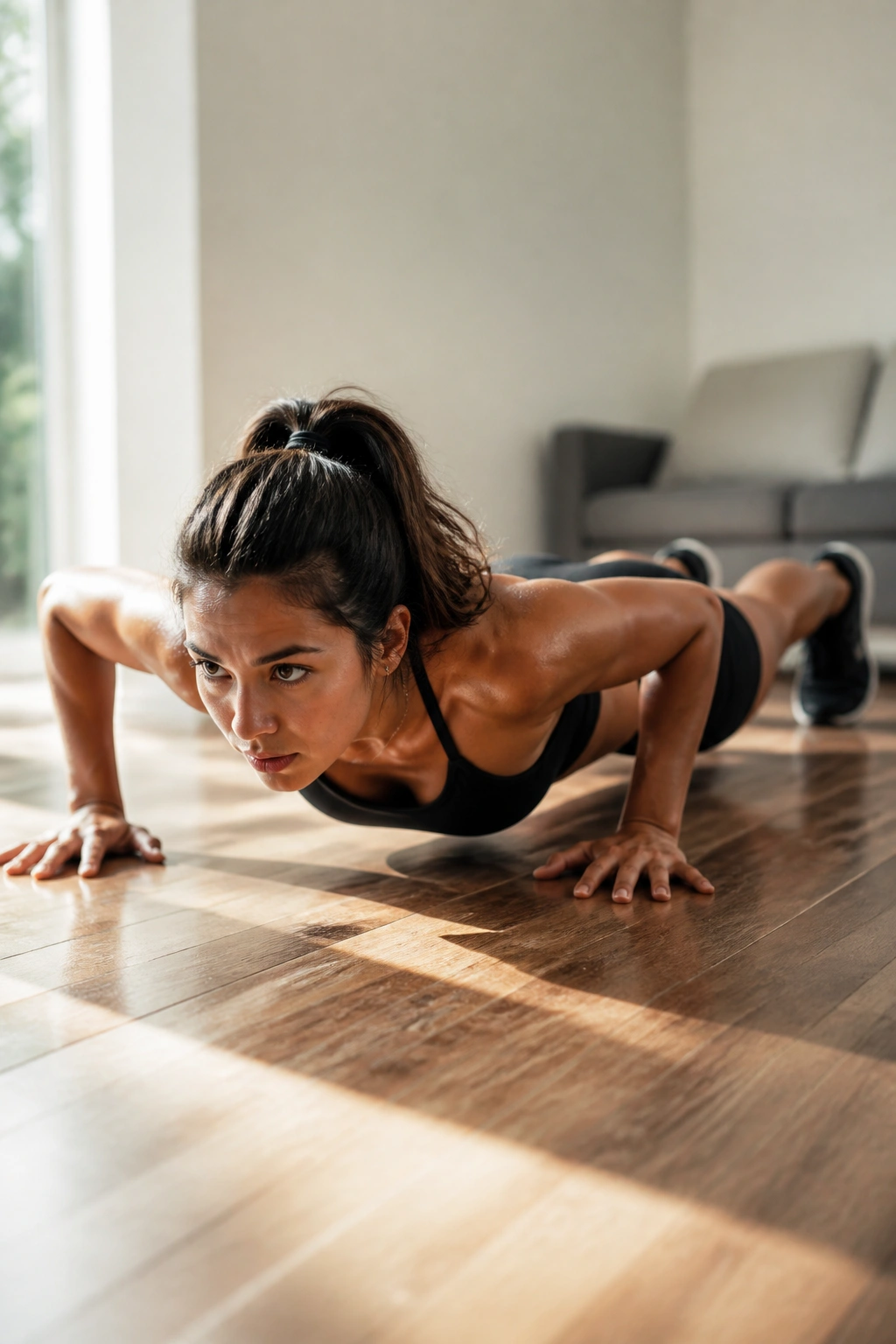Full-body burpee mid-movement in a bright home space