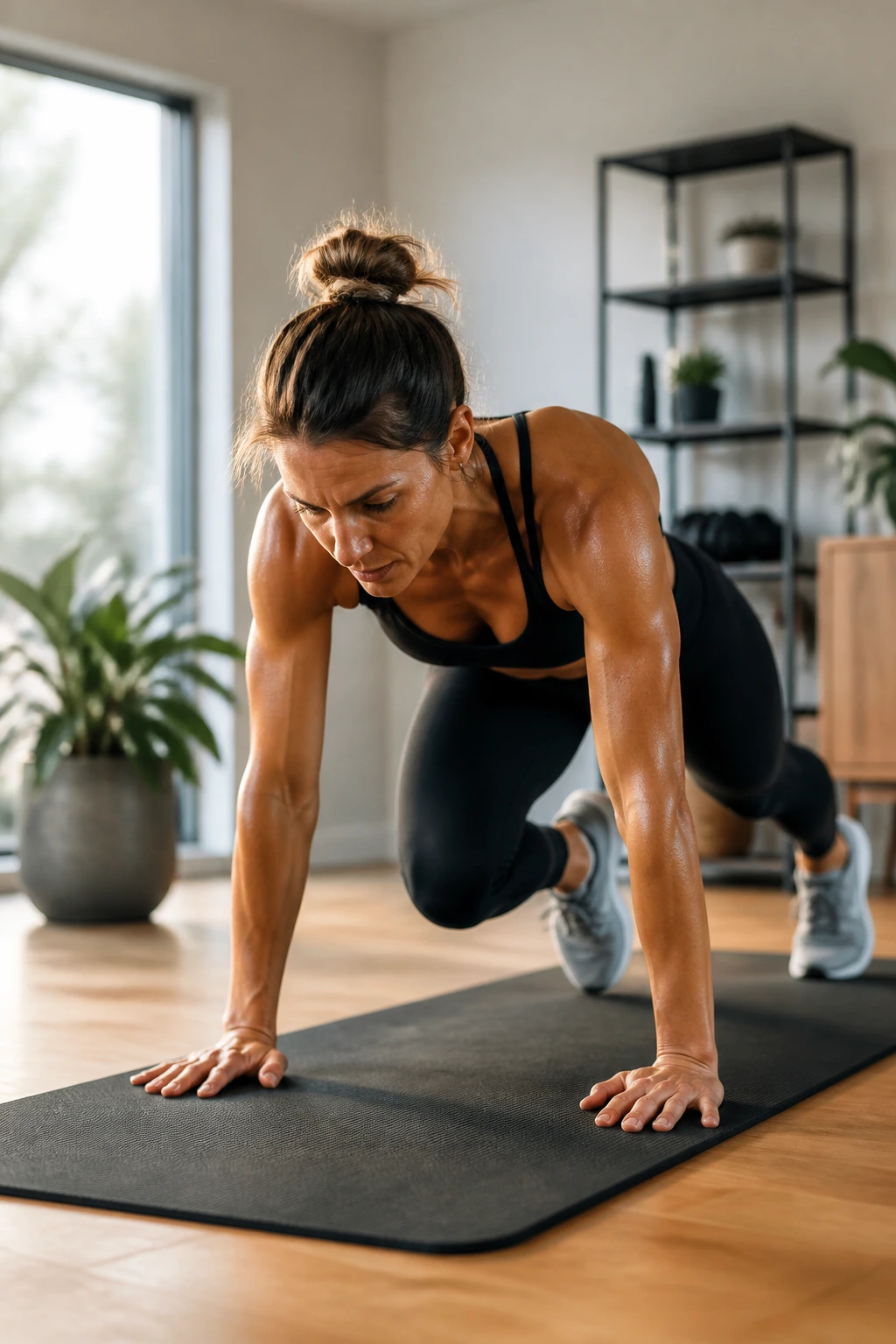 Athlete performing burpee mid-rep in bright home gym