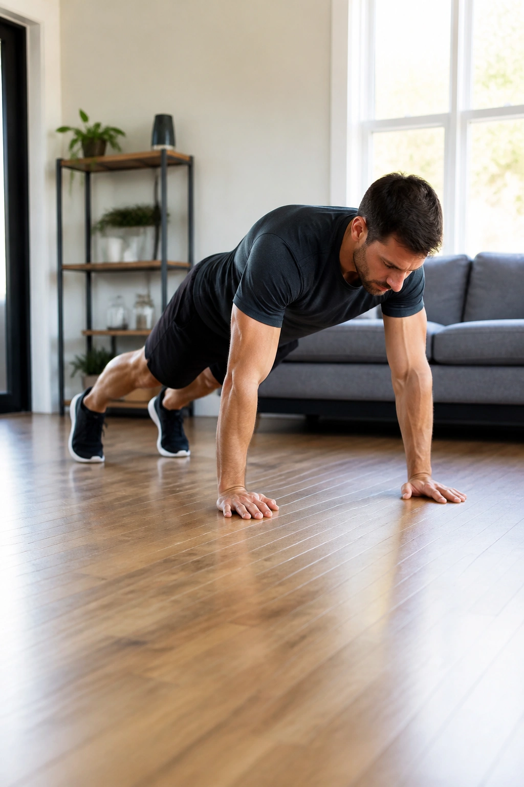 Full-body burpee in a bright home environment