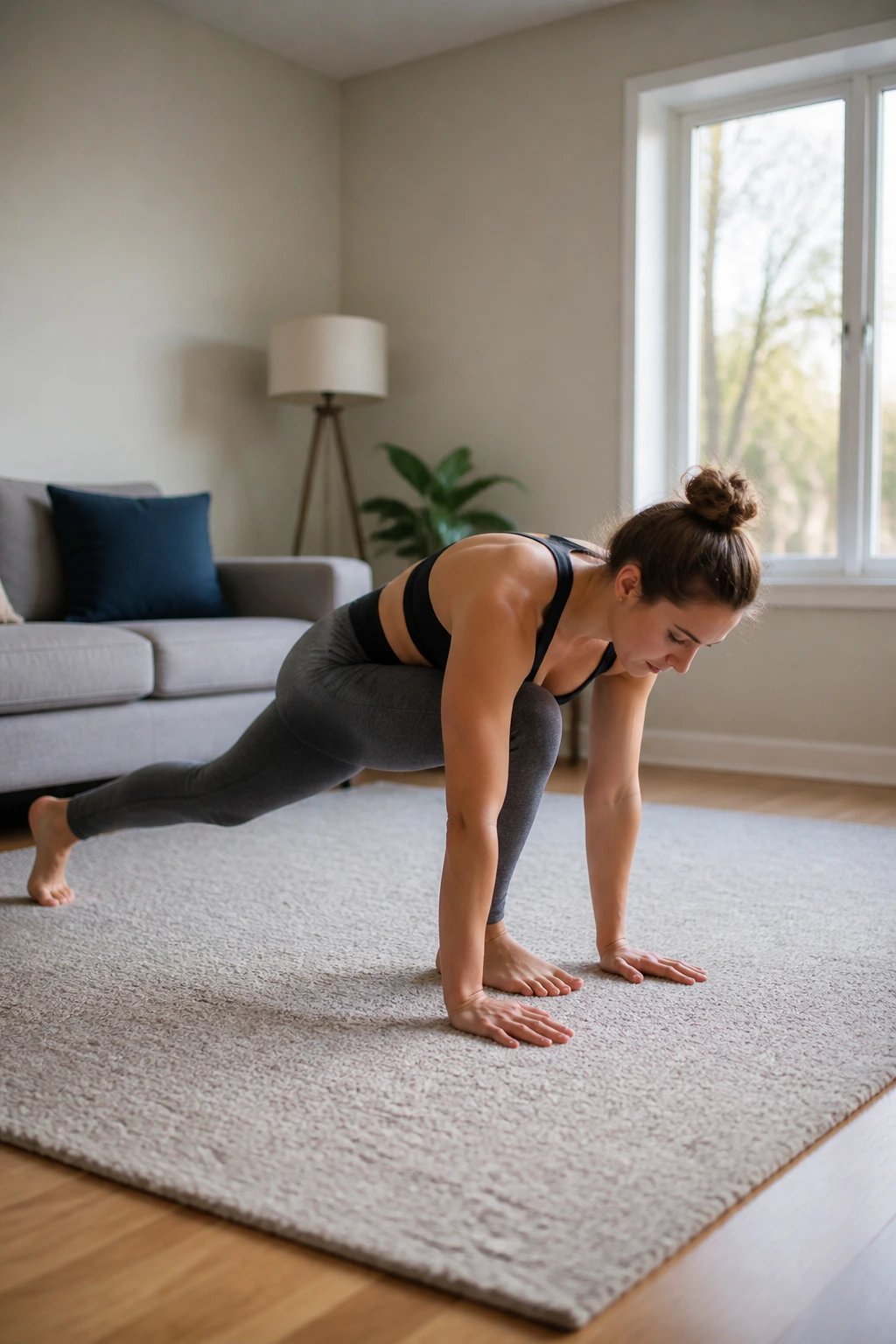 Person performing low-impact step-back burpee at home