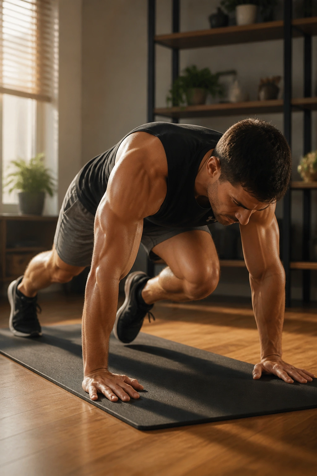 Person in burpee transition on a mat in small living space