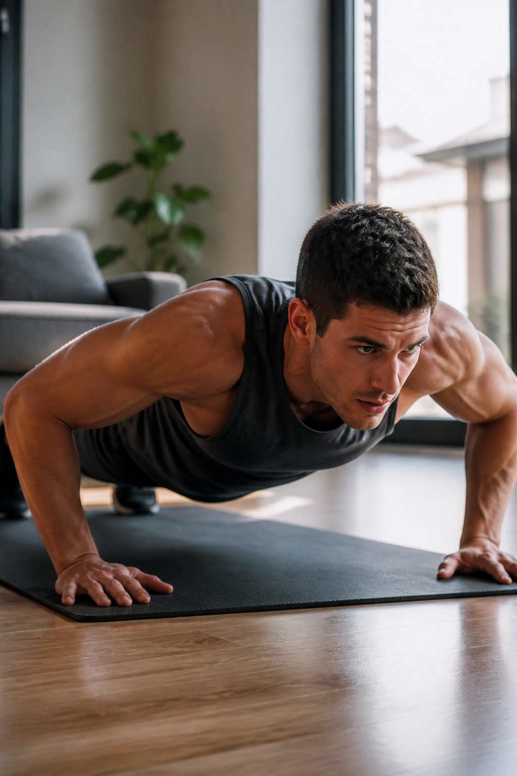 Person performing a burpee on a exercise mat in a home gym