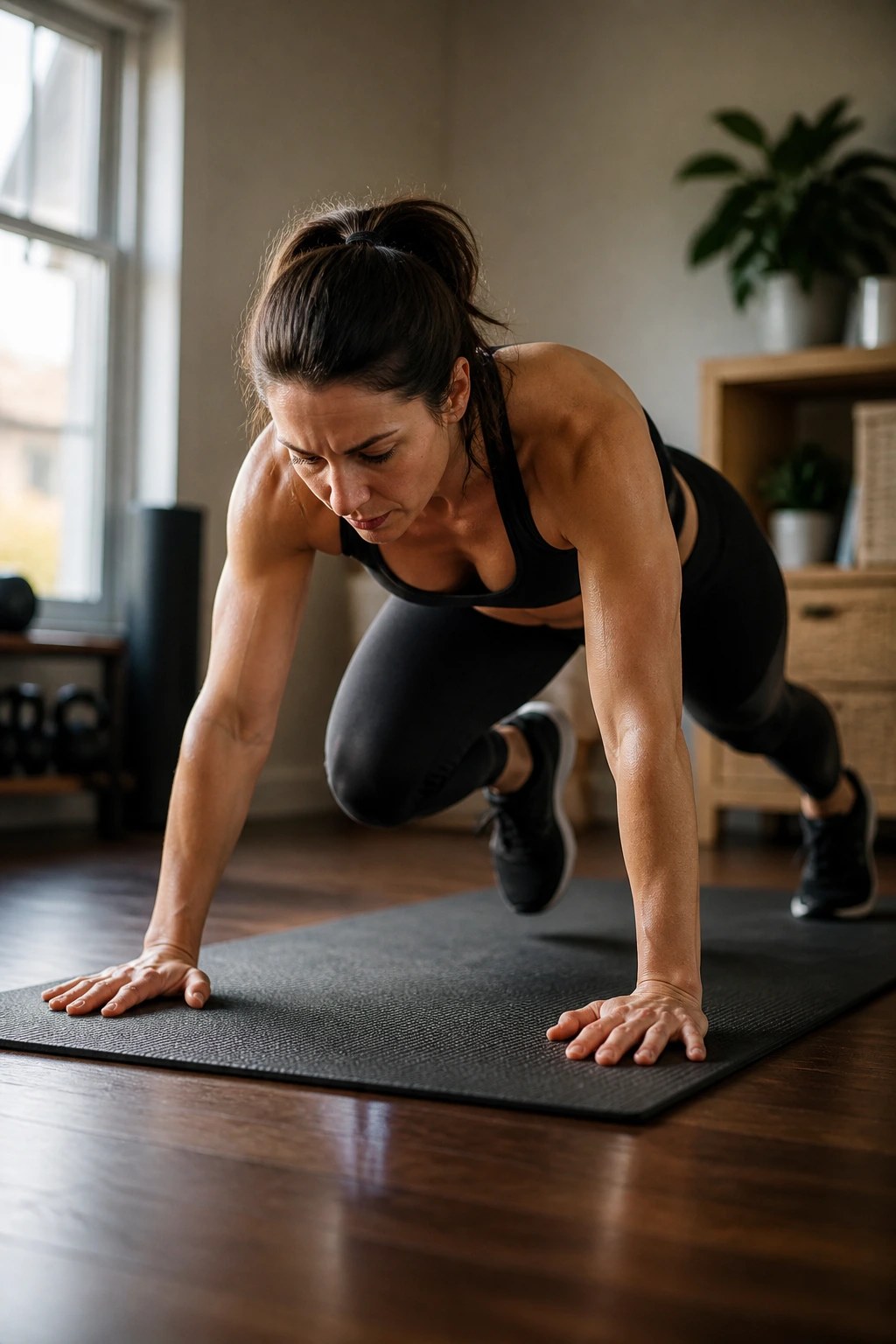 Real woman performing burpee with mountain climber on a mat in a home gym