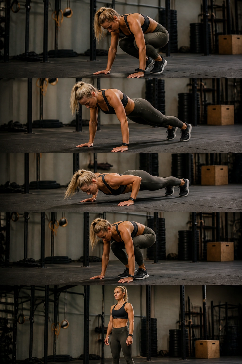 Real person performing no-jump burpees in gym
