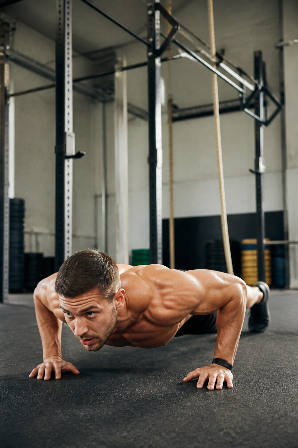 Athlete performing burpee to pull-up transition during ladder workout in gym.