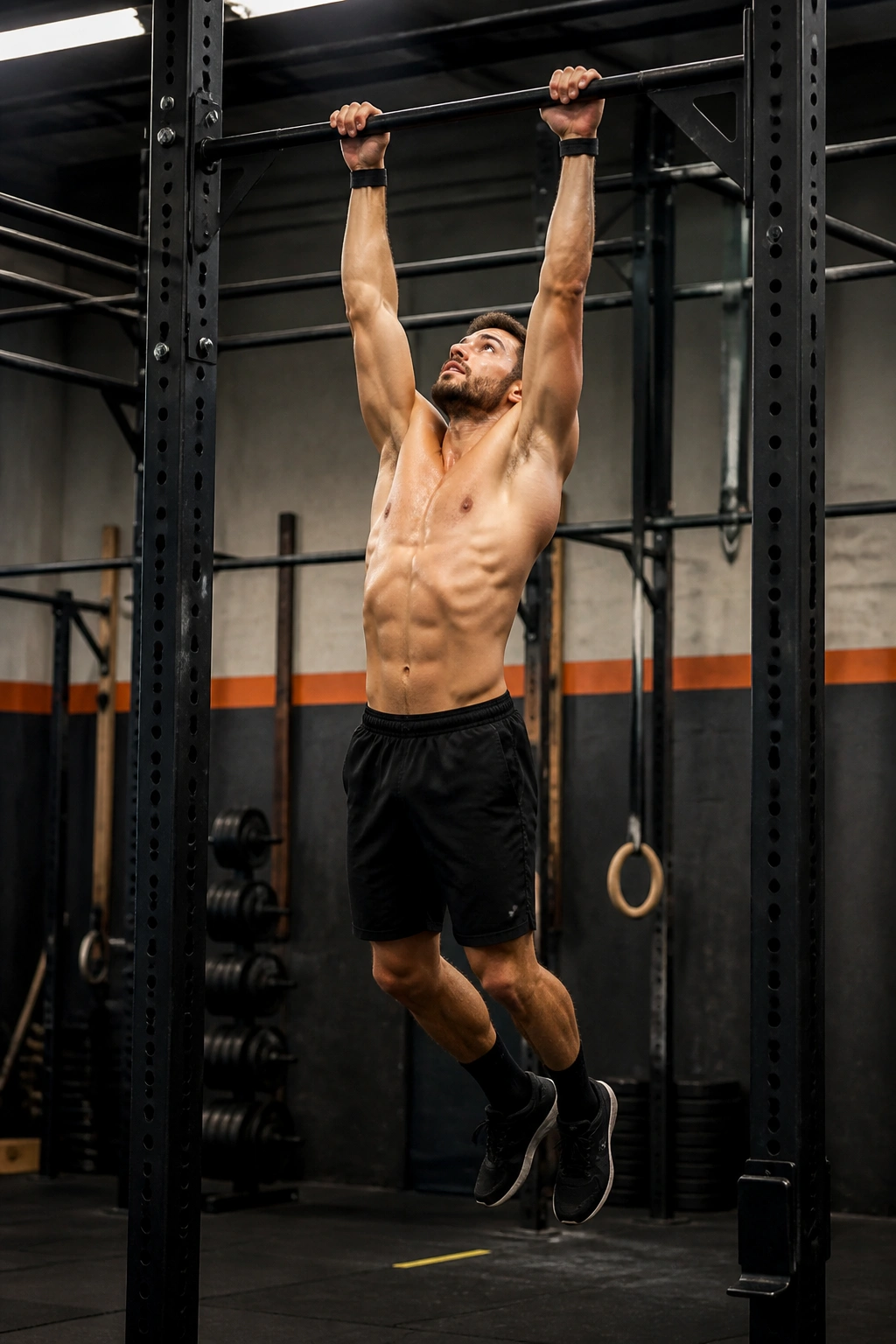 Athlete performing burpee pull-ups on a gym bar, mid-air transition with core engaged
